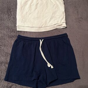 Women cream and  blue Athletic top and shorts set
